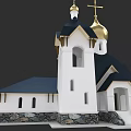 European Style Church Building With Golden Domes Crosses Black Roof And White Walls