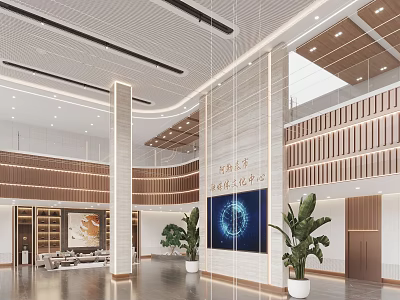 Modern Front Desk Reception Lobby Interior With Green Plants And Decorative Art 3d model
