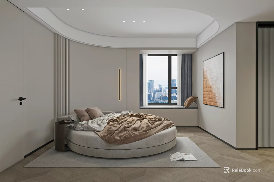 Modern Bedroom Interior With Round Bed Blanket Pillows City View Window And Wall Painting 3d model 