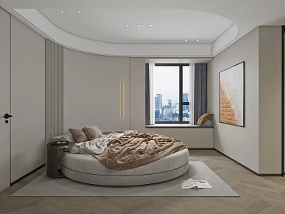 Modern Bedroom Interior With Round Bed Blanket Pillows City View Window And Wall Painting 3d model