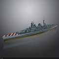 Blue Warship Model As Water Vehicle With Red And White Striped Hull
