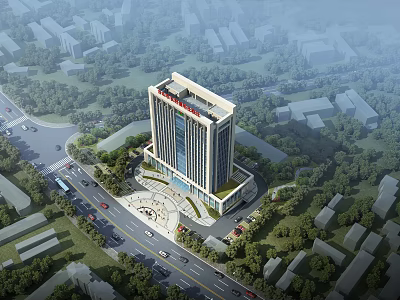 Modern Commercial Complex Tall Building Surrounded by Roads Greenery and Central Plaza Entrance 3d model