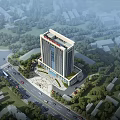 Modern Commercial Complex Tall Building Surrounded by Roads Greenery and Central Plaza Entrance