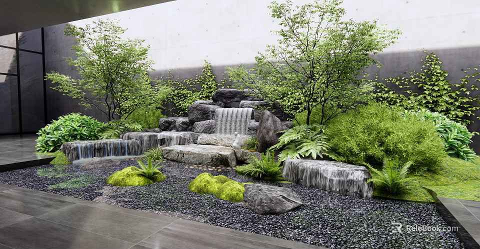 Serene Garden Rockery Waterfall Feature With Green Plants Stones And Moss 3d model 