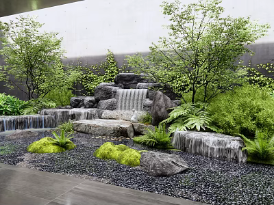 Serene Garden Rockery Waterfall Feature With Green Plants Stones And Moss 3d model