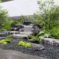 Serene Garden Rockery Waterfall Feature With Green Plants Stones And Moss