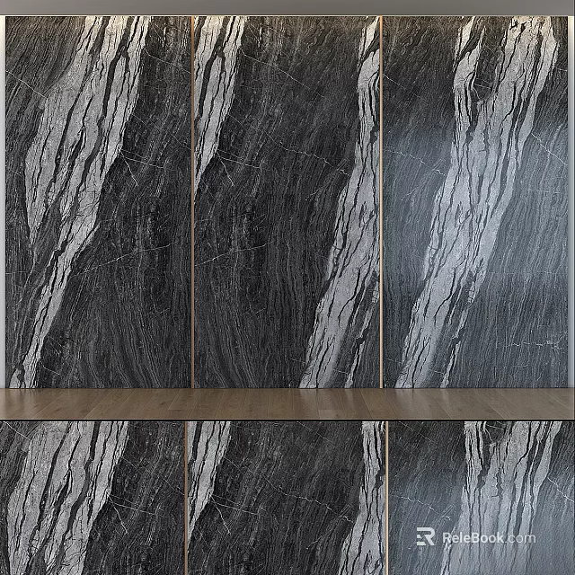 Modern Wall Decor Featuring Black And White Marble Pattern And Wooden Shelf 3d model