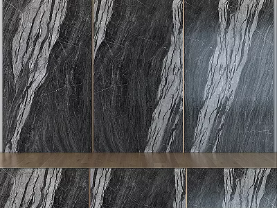 Modern Wall Decor Featuring Black And White Marble Pattern And Wooden Shelf 3d model