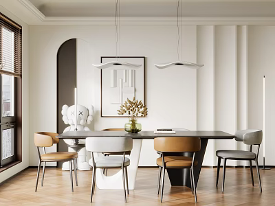 Modern Restaurant Interior With Long Dining Table Hanging Pendant Lights Flower Centerpiece And Modern Chairs 3d model