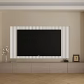 Modern TV Background Wall Design With Striped Panel Storage Cabinet And Decorative Items 3d model