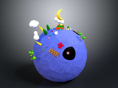 Whimsical Blue Planet Landscape With Moon Clouds Trees Flowers Stars And Small Houses 3d model