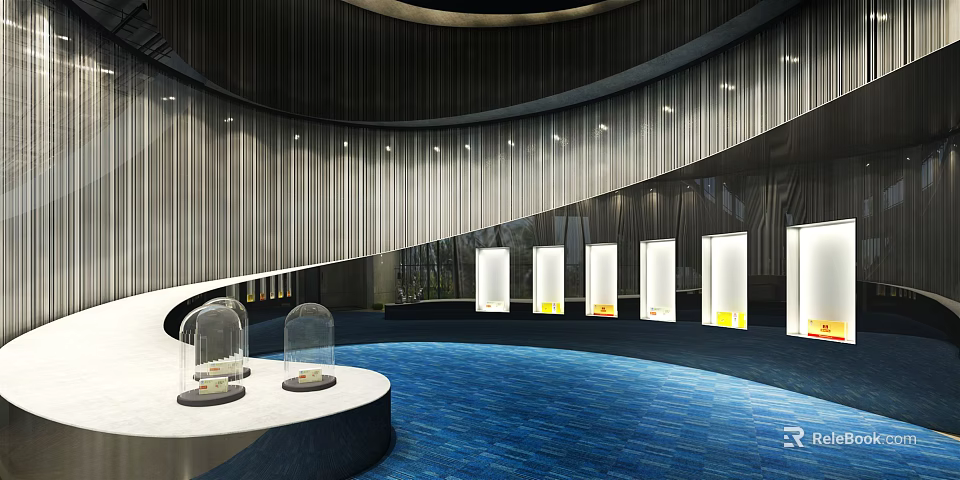 Modern Cultural Center Interior With Curved Walls Glass Display Cases Blue Floor And Lighting 3d model 