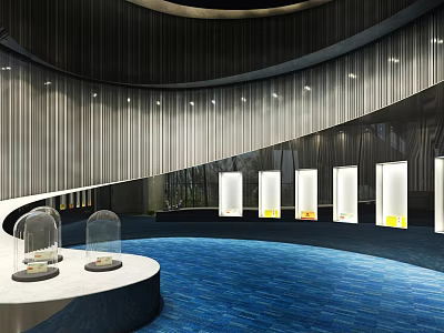 Modern Cultural Center Interior With Curved Walls Glass Display Cases Blue Floor And Lighting 3d model