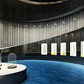 Modern Cultural Center Interior With Curved Walls Glass Display Cases Blue Floor And Lighting
