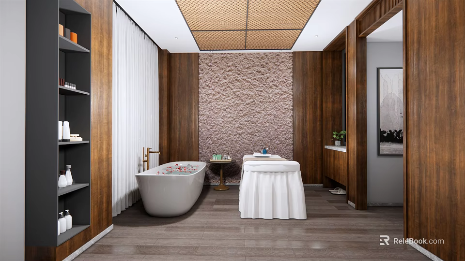 Modern SPA Sauna Interior With White Bathtub Massage Table And Textured Wooden Walls 3d model 