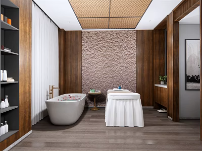 Modern SPA Sauna Interior With White Bathtub Massage Table And Textured Wooden Walls 3d model