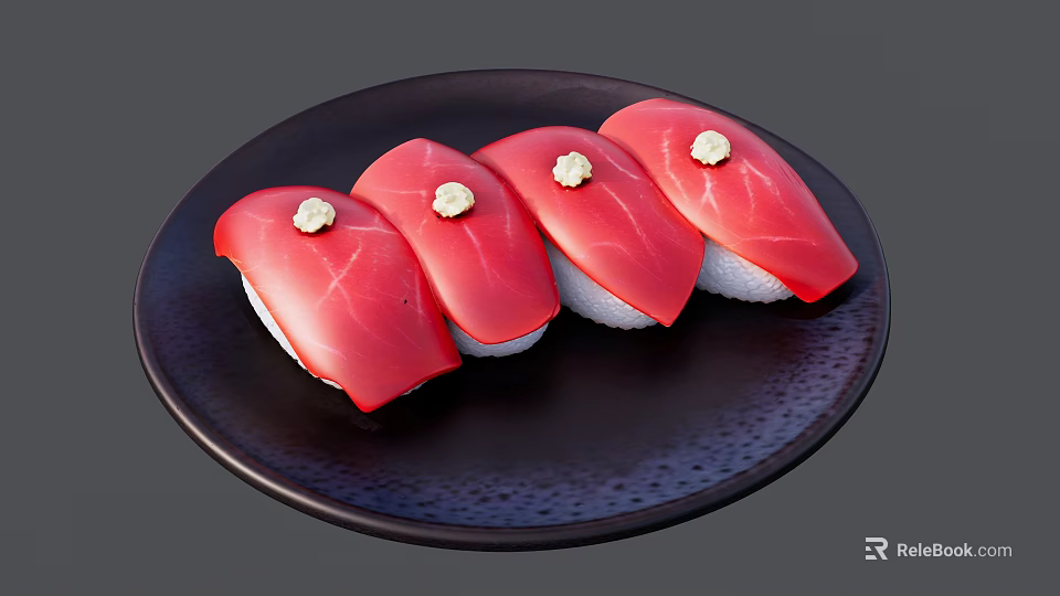 Four Pieces of Fresh Tuna Sushi on Black Plate with Wasabi 3d model 