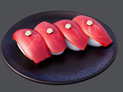 Four Pieces of Fresh Tuna Sushi on Black Plate with Wasabi 3d model