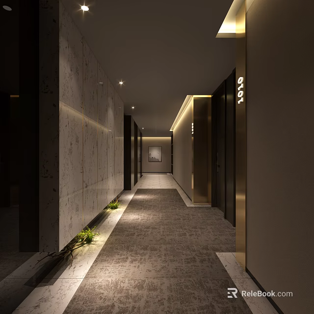 Elegant Modern Hotel Corridor With Stone Walls Carpeted Floor Recessed Lighting And Green Plants 3d model 