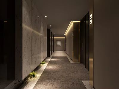 Elegant Modern Hotel Corridor With Stone Walls Carpeted Floor Recessed Lighting And Green Plants 3d model