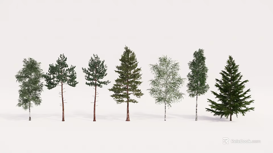 Various Tree Species With Green Foliage And Colored Trunks On Snowy Ground 3d model 