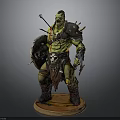 Muscular Green Skinned Man With Shield Spear And Skull Decoration Standing On Base