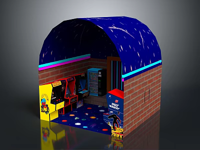 Arched Blue Starry Tent with Brick Walls Colorful Polka Dot Floor and Arcade Machines 3d model