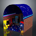 Arched Blue Starry Tent with Brick Walls Colorful Polka Dot Floor and Arcade Machines