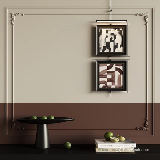 Beige And Brown Wall With Two Framed Abstract Artworks And Black Table With Green Fruits 3d model 