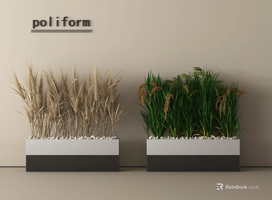 Dried Wheat Like and Lush Green Plant Combination in Black White Planters with Small Pebbles 3d model 