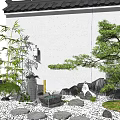 Japanese Karesansui Rock Garden with White Gravel Rocks Pine Tree Moss and Waterfall