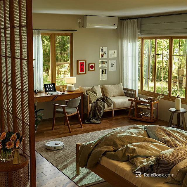 Cozy Bedroom Interior With Wooden Screen Desk Window Wall Art Rug Plants 3d model 