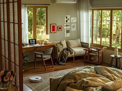 Cozy Bedroom Interior With Wooden Screen Desk Window Wall Art Rug Plants 3d model