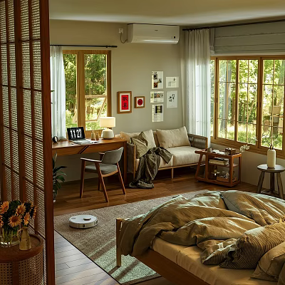 Cozy Bedroom Interior With Wooden Screen Desk Window Wall Art Rug Plants 3d model