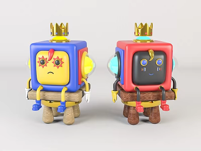 Colorful Robot Toys With Golden Crowns Blue And Red Bodies And Different Expressions 3d model