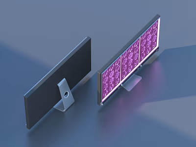 Two Computer Monitors Setup With Black Screen And Purple Interface 3d model