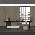 Modern Tea Room Interior With Long Wooden Table Tea Set Stools Shelves And Green Plant