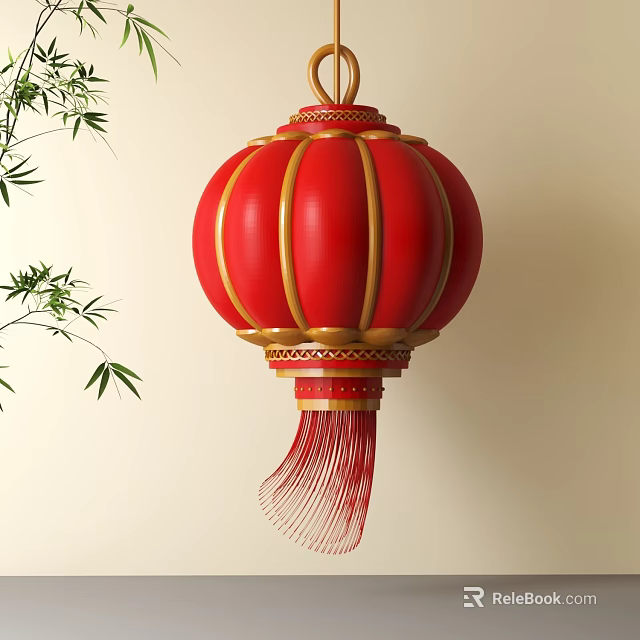 Red Lantern with Golden Accents and Bamboo Leaves Hanging Decoration Design 3d model 
