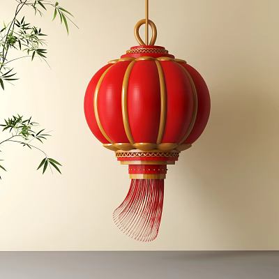 Red Lantern with Golden Accents and Bamboo Leaves Hanging Decoration Design 3d model