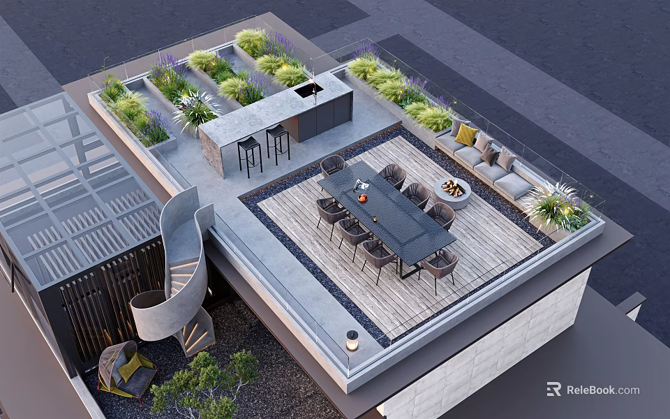 Roof Garden Terrace Design With Dining Table Sofa Bar Counter And Green Plants 3d model 