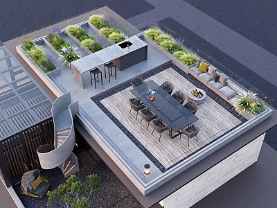 Roof Garden Terrace Design With Dining Table Sofa Bar Counter And Green Plants 3d model