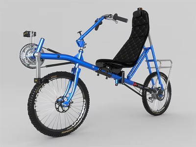 Blue Recumbent Bicycle with Black Padded Seat Curved Handlebars and Large Front Wheel 3d model