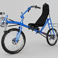 Blue Recumbent Bicycle with Black Padded Seat Curved Handlebars and Large Front Wheel