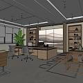 Modern Office Interior With Desks Chairs Bookshelves And Mountain View Windows