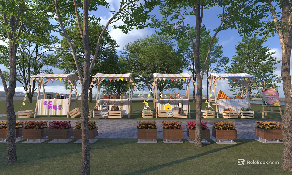 Outdoor Commercial Equipment With Striped Canopies Tables Chairs Decorative Flags And Flower Beds 3d model 