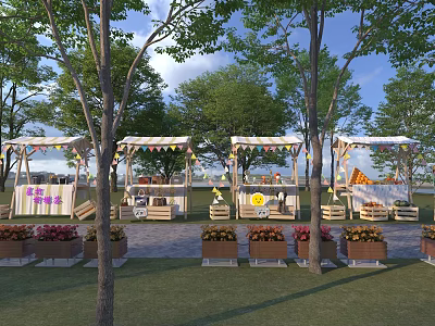 Outdoor Commercial Equipment With Striped Canopies Tables Chairs Decorative Flags And Flower Beds 3d model