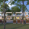 Outdoor Commercial Equipment With Striped Canopies Tables Chairs Decorative Flags And Flower Beds