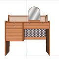 Wooden Brown Dressing Table With Round Mirror Drawers And Woven Detail