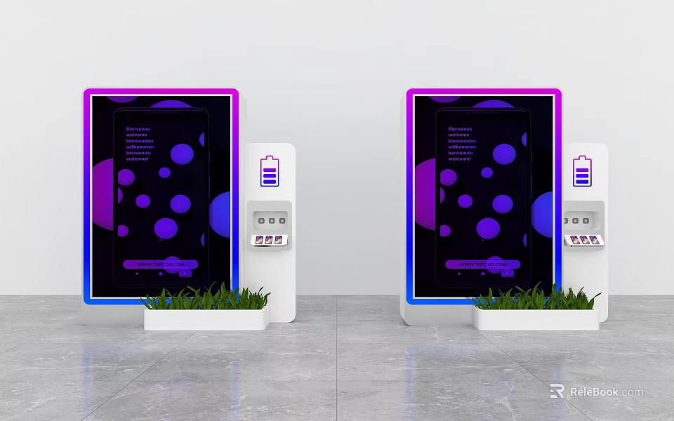 Modern Self Service Kiosks With Digital Display Purple Blue Design And Green Plants 3d model 