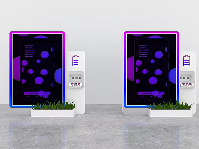 Modern Self Service Kiosks With Digital Display Purple Blue Design And Green Plants 3d model